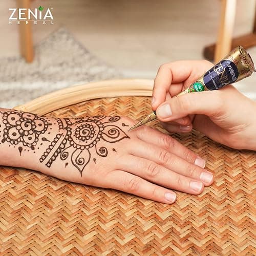 Zenia 100% Natural Temporary Tattoo Paste Cone | 1 Cone 25 grams | Indian Body Art Painting Drawing Tattoos Freckles (Reddish-Brown Color) thumbnail 4