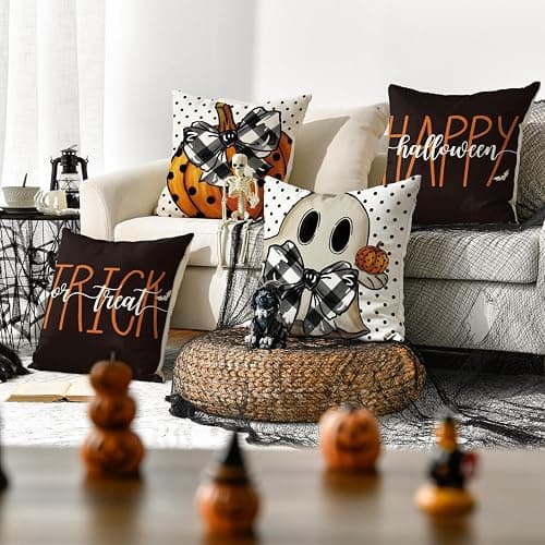AVOIN colorlife Happy Halloween Cute Ghost Trick or Treat Throw Pillow Covers, 18 x 18 Inch Polka Dot Pumpkin Bat Cushion Case for Sofa Couch Set of 4, Black thumbnail 2