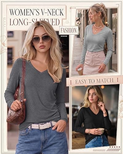 Oakgarden 3 Pack Women's Long Sleeve T Shirts | Casual V Neck Tops, Loose Fit, Basic Fall Tees, Soft Everyday Tops, Casual Shirts for Women thumbnail 2