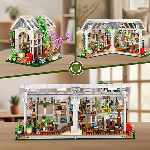HOGOKIDS Flower House Building Set with LED Light - 1332 PCS Garden House Buiding Toy with Flowers Potted Plants Parrot Cat Animals Playset Greenhouse Model Xmas Gift for Adults Teens Girls Ages 8+ thumbnail 4