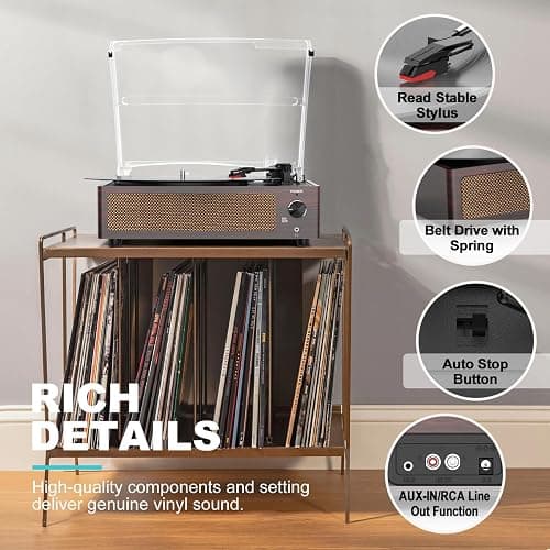 Vintage Record Player with Speakers Turntable for Vinyl Records Belt-Driven Turn Table 3-Speed Full Size Wireless Playback Headphone AUX-in RCA Line LP Vinyls Players Auto Stop Wood Red thumbnail 4