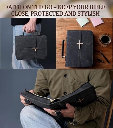Vegan Leather Bible Cover Case, Bible Bag with Phone Pocket, Bible Case for Men Women, Christian Gift Box Packaging (Black) thumbnail 5