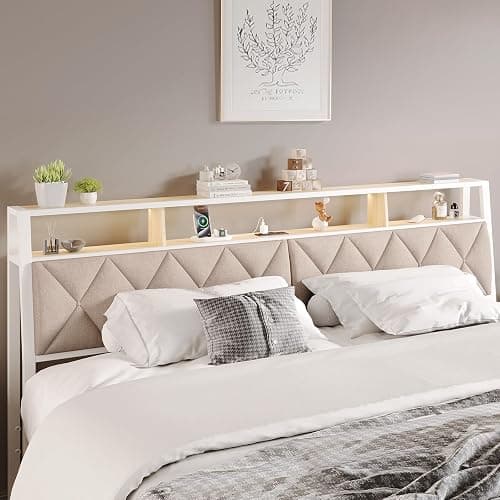 Salamir Full Headboard Only, Headboard for Full Size Bed with Storage, Upholstered Headboards with LED Lights & Charging Station, Attach Frame, Ideal for Bedroom/Dorm/Guest Room, White & Beige - Image 1