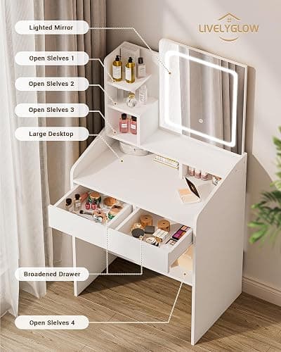 LIVELYGLOW Small Makeup Vanity Desk with Lighted Mirror, White, 23.62" W x 15.74" D x 53.93" H (Smart LED Mirror, Open Shelves, 2 Drawers) thumbnail 3