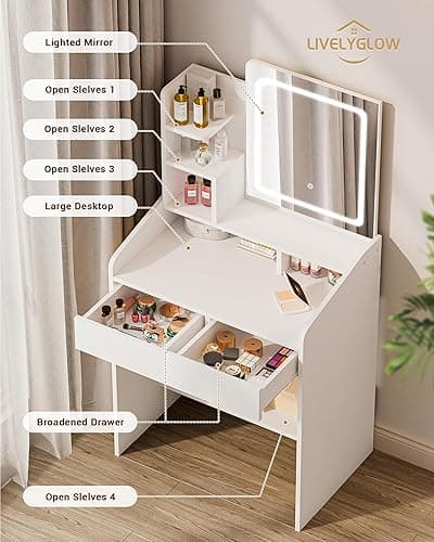 LIVELYGLOW Small Vanity Desk Set with Square Mirror and Light- Vanity Desk with Drawer- White - 2- White - Square Mirror thumbnail 3