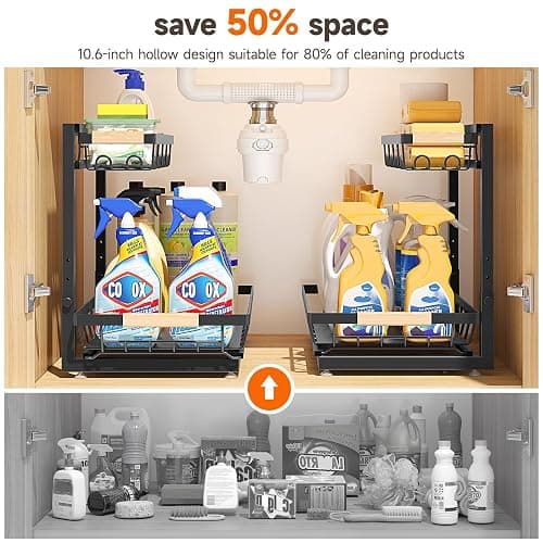 Sevenblue 2 Packs Under Sink Organizer, Height Adjustable 2 Tier Under Kitchen Sink Organizer, Multi-Purpose Storage Shelf for Kitchen Bathroom Cabinet (Black, Large) thumbnail 4