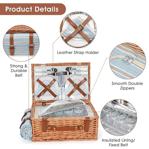HappyPicnic Ensemble de Panier de Pique-Nique en Osier pour 4 Personnes | Grand Panier en Saule avec Grand Compartiment Isotherme isolé, Tapis de Pique-Nique imperméable Gratuit et kit de Service thumbnail 5