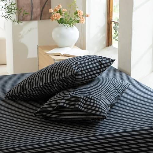 BESTDESIL Striped Duvet Cover Set 100% Washed Cotton Linen Like Soft Feelling Breathable Bedding(Strip-Black/White,King) thumbnail 6