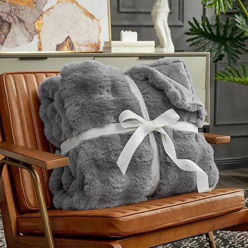Cozy Bliss Faux Fur Throw Blanket for Couch, Fuzzy Soft Plush Thick Bubble Blanket for Sofa Bedroom Living Room,50 * 60 Inches Light Grey thumbnail 5