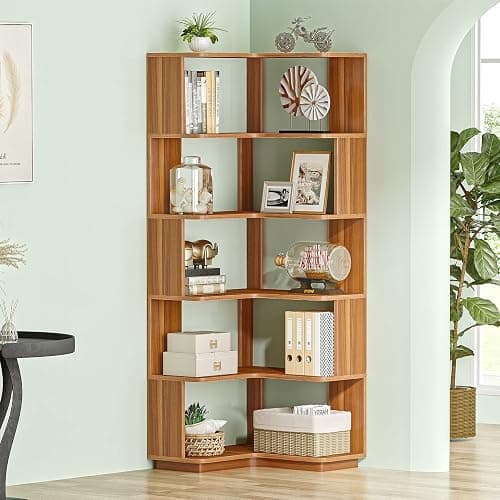 LITTLE TREE 6-Shelf Corner Bookshelf, 65” Tall L Shaped Bookcase, 6-Tier Industrial Corner Shelf Storage Display Rack for Living Room Home Office, Wood Grain Walnut thumbnail 5