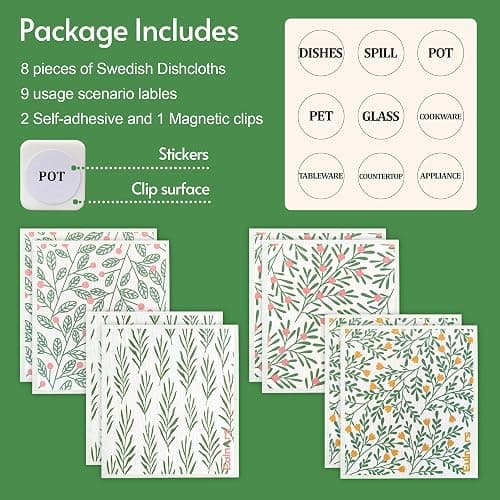 Eulnars Swedish Dishcloths for Kitchen, 8 Pack Green Reusable Paper Towels with Clips, Non-Scratch Swedish Kitchen Towels, Super Absorbent Cellulose Sponge Cloths, Dishwasher Safe, No Odor thumbnail 6