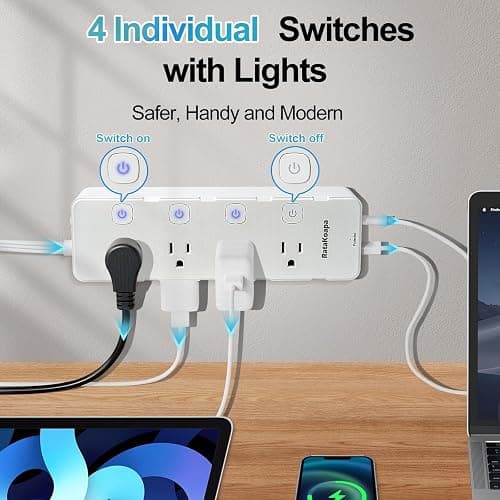 Surge Protector Power Strip 15 ft Cord - 8 Widely AC Outlets 4 USB (2 USB C), Flat Plug Extension Cord with Individual Switches, Wall Mount, Desk Charging Station for Home Office, 1400J thumbnail 3