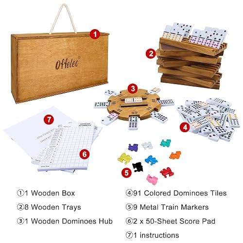 Offelec Mexican Train Dominoes Set with 8 Holders, Double 12 Dominos Set for Adults, Mexican Dominoes Train for Kids and Family Game, Mexican Train Games with 91 Colored Tile Dominos and Wooden Box thumbnail 4