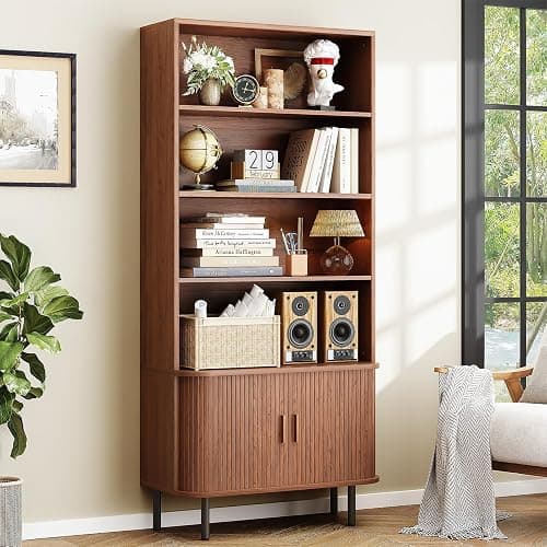 ONBRILL 71" Tall Bookshelf, 4-Tier Bookcase with Storage Cabinet & Adjustable Storage Shelf, Freestanding Wood Bookshelf with Sliding Door and Adjustable Footpad, for Home Office, Living Room, Walnut - Image 1