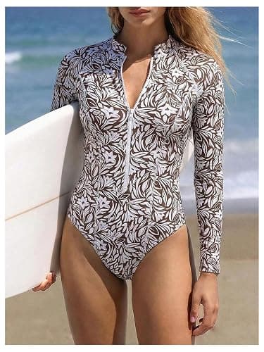 WDIRARA Women's Leopard Print Zipper Front One Piece Swimsuit Mock Neck Long Sleeve Swimwear thumbnail 3