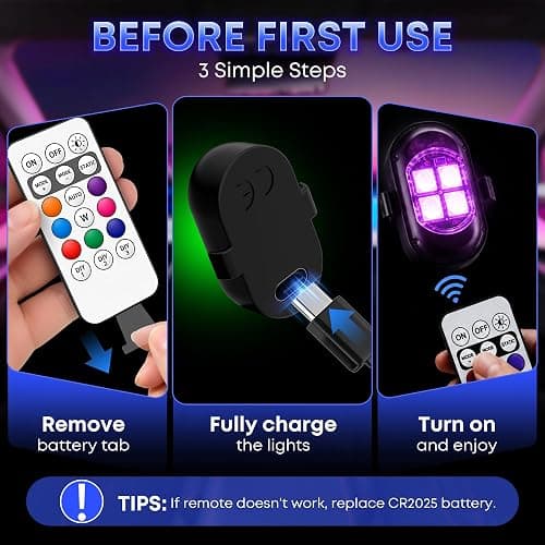 Wireless LED Lights for Car, Rechargeable Interior Car Lights | Remote Control, 8 Colors, 10 Modes, 3 Brightness Levels, USB-C Accent Lights for Car, Truck, Motorcycle & Bike thumbnail 5
