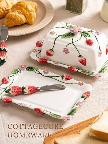 Ceramoira Cottage Strawberry Butter Dish w/ Lid & Knife, Artisanal Handmade | Large Butter Holder for Countertop, Ceramic Covered Butter Tray w/ Spreader, Fits 2 Sticks, Embossed Country Farmhouse Decor thumbnail 2