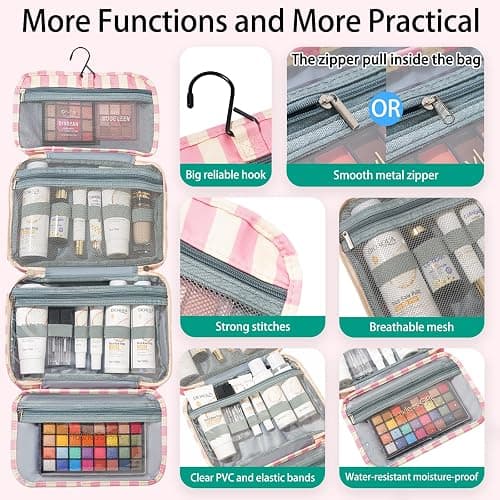 Apxouans Toiletry Bag for Women Travel Water-resistant Cosmetic Bag Fashion Stripes Makeup Bag with Hanging Hook Preppy for Store Toiletries Cosmetic Accessories Medium Pink thumbnail 3