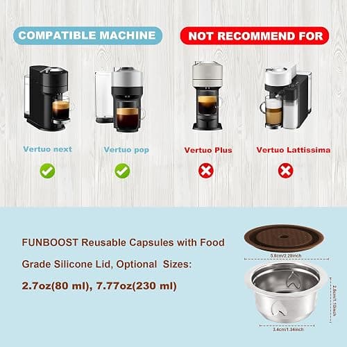 Reusable Coffee Pods (7.77oz/230ml Coffee Cup), Stainless Steel Refillable Coffee Capsules for Vertu Machine, ONLY Compatible with Vertu pop & Vertu next, with 1 Pcs Silicone Lids, Scoop, Brush thumbnail 2
