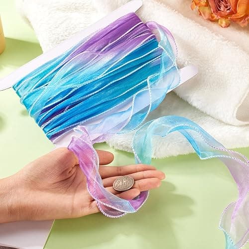Beadthoven 10.94 Yards Purple Blue Organza Iridescent Ribbon, 2-1/8 Inches Sheer Fabric Chiffon Ribbons Mesh Christmas Decoration Ribbon Lace Trim for Big Bow, Wedding, Gift Wrapping, Bouquets, Wreath thumbnail 5