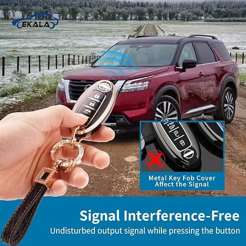 EKALA for Nissan Key Fob Cover Soft TPU Key Shells with Leather Keychain Lanyard Fit for Nissan Altima Armada Maxima Sentra Rogue Pathfinder 4 Buttons Key Fob Case Black Gold (BP-Nisn-4) thumbnail 3