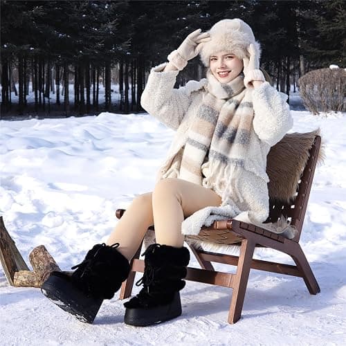 ZHENAIYISHENG Furry Faux Fur Boots for Women - Fuzzy Winter Snow Boots - Fluffy Black White Pink Fur Boots - Lace-up Mid-Calf Water-Resistant Platform Boots thumbnail 2