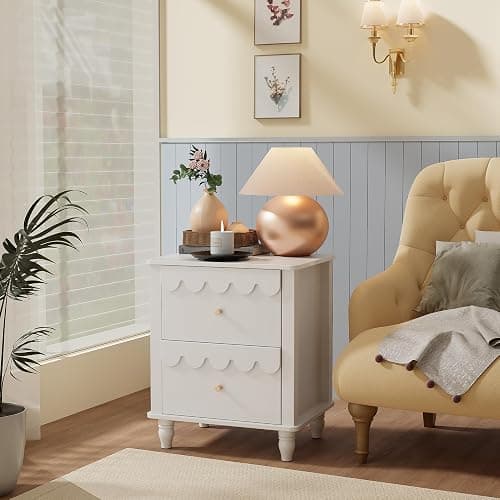 White Nightstand Side End Table with 2 Drawers, Modern Wood Night Stand with Petal Pattern for Bedroom, Scalloped Bedside Night Tables with Solid Wood Legs thumbnail 5