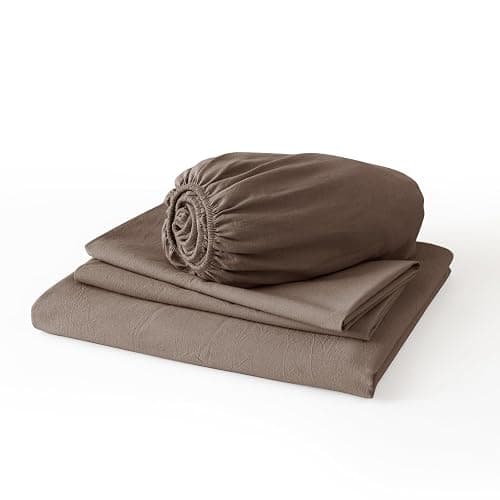 JIYUAN 100% Washed Cotton Sheet Set 4 Pieces King,1 Fitted Sheet,1 Flat Sheet and 2 Pillowcases,Comfy and Breathable Linen Like Bedding Set,Light Brown thumbnail 7