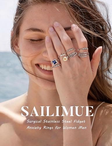 sailimue Anxiety Ring Fidget Ring for Women Men Spinner Fidget Rings for Anti Anxiety Adjustable Open CZ Flower Bead Stress Relieving Spinning Rotatable Rings 9 Pcs thumbnail 4