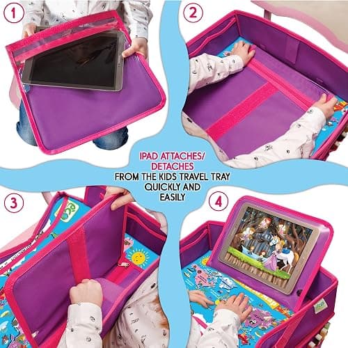 ECOFANTASY Kids Travel Tray - Waterproof Lap Table with No-Drop Large Tablet Holder - Car Seat Tray - Road Trip Essentials Kids - Car Desk Organizer for Airplane - Toddler Travel Essentials (Pink) thumbnail 7