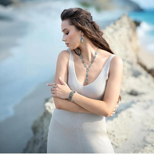 JMScape 4 PCS Western Turquoise Jewelry for Women Boho Vintage Navajo Pearl Necklace Earring Bracelet Ring Set Country Cowgirl Accessories for Gift | Jewelry, 4 PCS, Vintage, Boho, Country, Accessories, for Gift thumbnail 2
