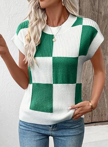 EVALESS Short Sleeve Sweater for Women Crewneck Color Block Knit Tops 2025 Fall Trendy Cap Sleeve Sweater Vest thumbnail 2