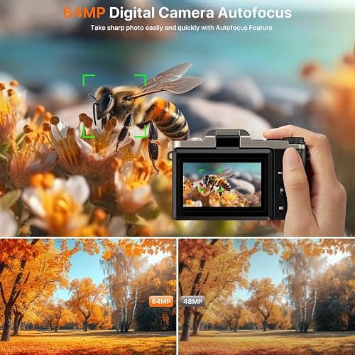 4K Digital Camera for Photography 64MP WiFi Vlogging Camera for YouTube Autofocus 3" 180° Flip Screen 16X Zoom Compact Travel Cameras with Anti-Shake, SD Card, 2 Batteries & Battery Charger thumbnail 2