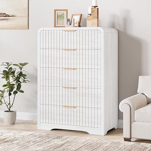 Jocoevol 5 Drawer Dresser for Bedroom, Tall Chest of Drawers, Fluted Wood Dresser with Curved Profile Design, Modern Vertical Storage Dresser for Living Room, White Dresser thumbnail 8