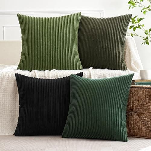 MIULEE Boho Farmhouse Throw Pillow Covers 18x18 Inch Set of 4 Mordern Neutral Green Cushion Covers Soft Corduroy Nordic Home Decor for Spring Couch Bed Sofa Living Room Green-Black thumbnail 4