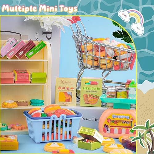 196Pcs Mini Shopping Cart Basket Trolley Grocery Game Model Miniature Drink Bottle Food Pizza with Box Supermarket Metal Handcart Toy Doll House Store Cosplay Pretend Kitchen Shelf Cash Register thumbnail 9