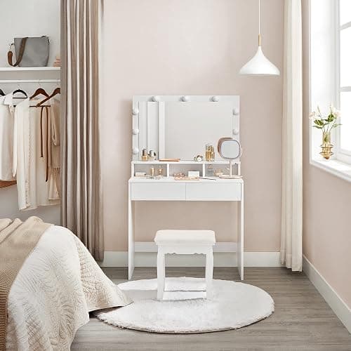 VASAGLE Vanity Desk with Mirror and Lights, Makeup Desk with Large Mirror, Adjustable Brightness, Vanity Table, 2 Drawers, 3 Compartments, Modern, Cloud White URDT185T14 thumbnail 4