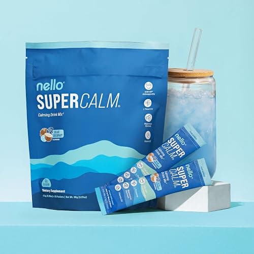 Nello Supercalm Drink Mix with Magnesium Glycinate, KSM 66 Ashwagandha, Vitamin D3 and L Theanine, Calm Powder Supplements for Relaxation Support, No Sugar, Travel Packets, 20 Ct, Blue Coconut thumbnail 6