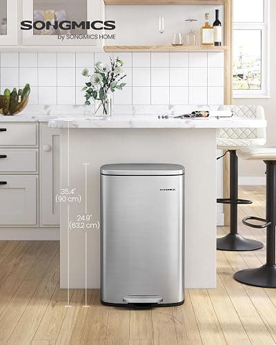 SONGMICS Kitchen Bin 13 Gallon (50 L), Pedal Rubbish Bin, Soft Close, Step-On Pedal, Steel, Inner Bucket, Silver LTB050E01 thumbnail 2