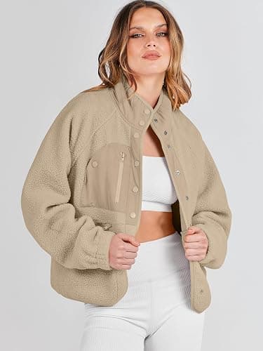 ANRABESS Womens Fuzzy Fleece Jacket Fall Casual Long Sleeve Cropped Sherpa Button Down Shacket Coats Outwear With Pockets thumbnail 2