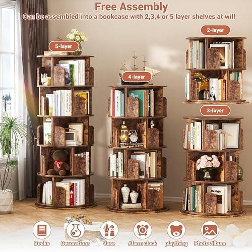Besiost Rotating Bookshelf Tower, 5 Tier Spinning Bookcase, Revolving 360 Book Shelf Narrow Tall Bookcase, Vertical Turning Round Bookshelf Organizer, Corner Book Shelf for Small Space, Rustic Brown thumbnail 6