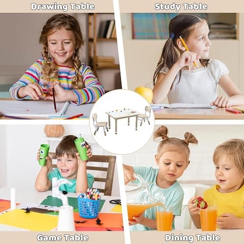 DOREROOM Kids Table & 4 Chairs, Height Adjustable (17.7"-26.1"), Natural | Graffiti Desktop,Table Supports 330 lbs,Toddler Ages 3-8，Children Multi-Activity Table Set for Playroom, Daycare, Classroom thumbnail 6