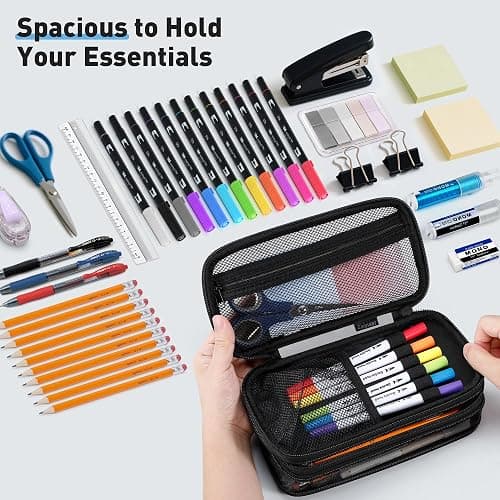 Zannaki Mesh Large Pencil Case,Expandable Pencil Bag with Large Compartments,Big Capacity Pencil Pouch Organizer with Zipper, Portable Stationery Pen Bag,Deformable School Supplies For Teen Girls Boys thumbnail 5