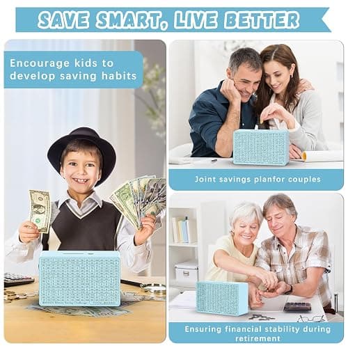 Wooden Money Saving Box, Cash Vault Savings Box for $10000 $5000 $3000 $1000 $800 $500 Target Money Saving Challenge, Reusable Money Box with Counter, Dry Erase Pen/Savings Trackers/Rubber Band-Blue thumbnail 6