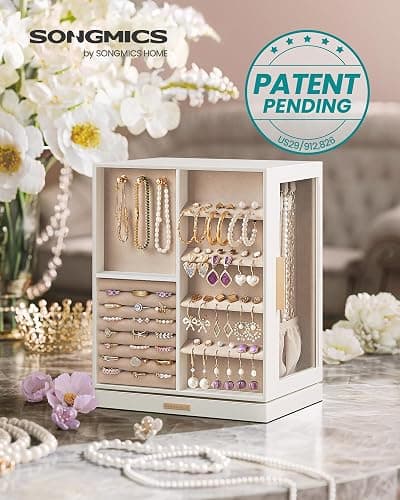 SONGMICS Jewelry Box 360° Rotating, Jewelry Storage Case with 5 Drawers, Jewelry Organizer, Glass Window, Spacious, Vertical Jewelry Storage, Open Design, Great Gift, Cloud White UJBC170W01 thumbnail 3