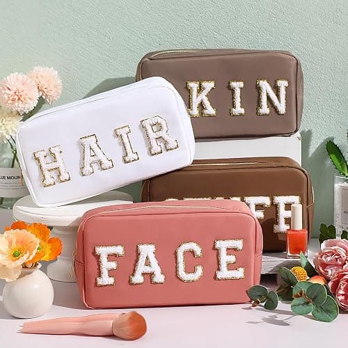 Remerry 4 PCS Nylon Cosmetic Bags Waterproof Spacious Travel Makeup Organizer for Women Chenille Letter Preppy Zipper Pouch Face Stuff Skin Hair Organizer Gift(Multicolor) thumbnail 2