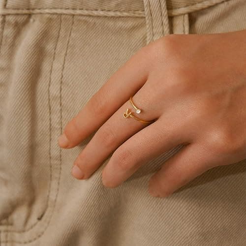 Turandoss Rings for Women Girls - Non Tarnish Dainty 14K Gold Plated Adjustable Letter Rings for Women Teen Girls, Stackable Cute Thumb Pinky Fashion Unique Open Simple Birthday Gifts Jewelry thumbnail 4