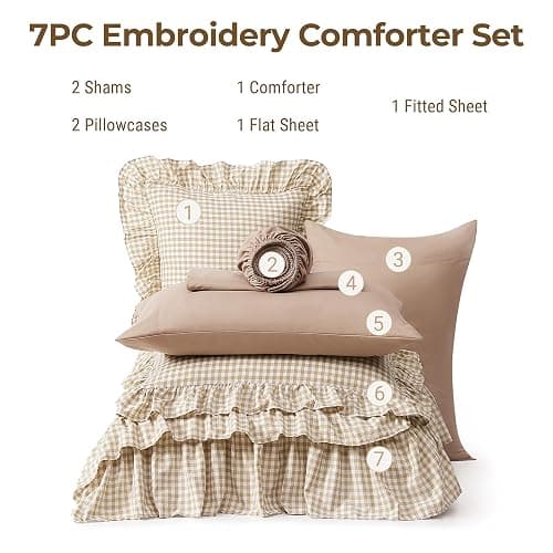 AMBERSPACE King Size Comforter Set Gingham Ruffle Tan 7 Pieces Bed in a Bag | Farmhouse Shabby Chic Fluffy Bedding Sets with Sheets, Pillowcases & Shams thumbnail 7