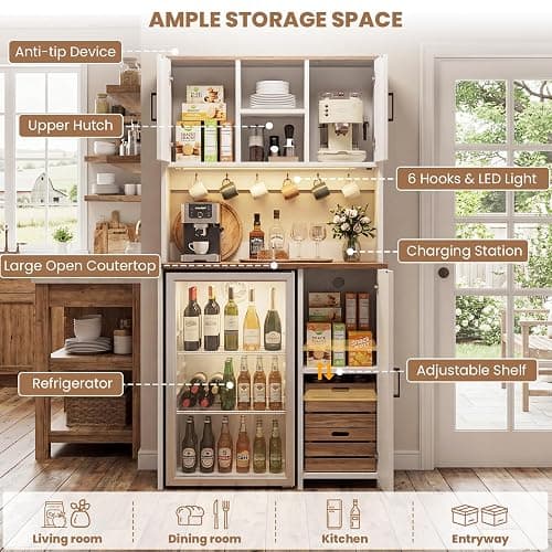 Unikito Mini Fridge Cabinet with Storage, Outlet and LED Light, White | 74" Coffee Bar Cabinet, Liquor Wine Bar Stand with Mini Fridge Space & Microwave Shelf, Beverage Station for Home Kitchen thumbnail 7