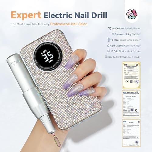 SAVILAND Professionl Nail Drill Kit: Diamond Shiny | 35000RPM Electric Nail Drill Machine | Professional Drill Bits Drill Nail File Buffer Dust Brush Expert Salon Use Manicure Pedicure - Glitter thumbnail 2
